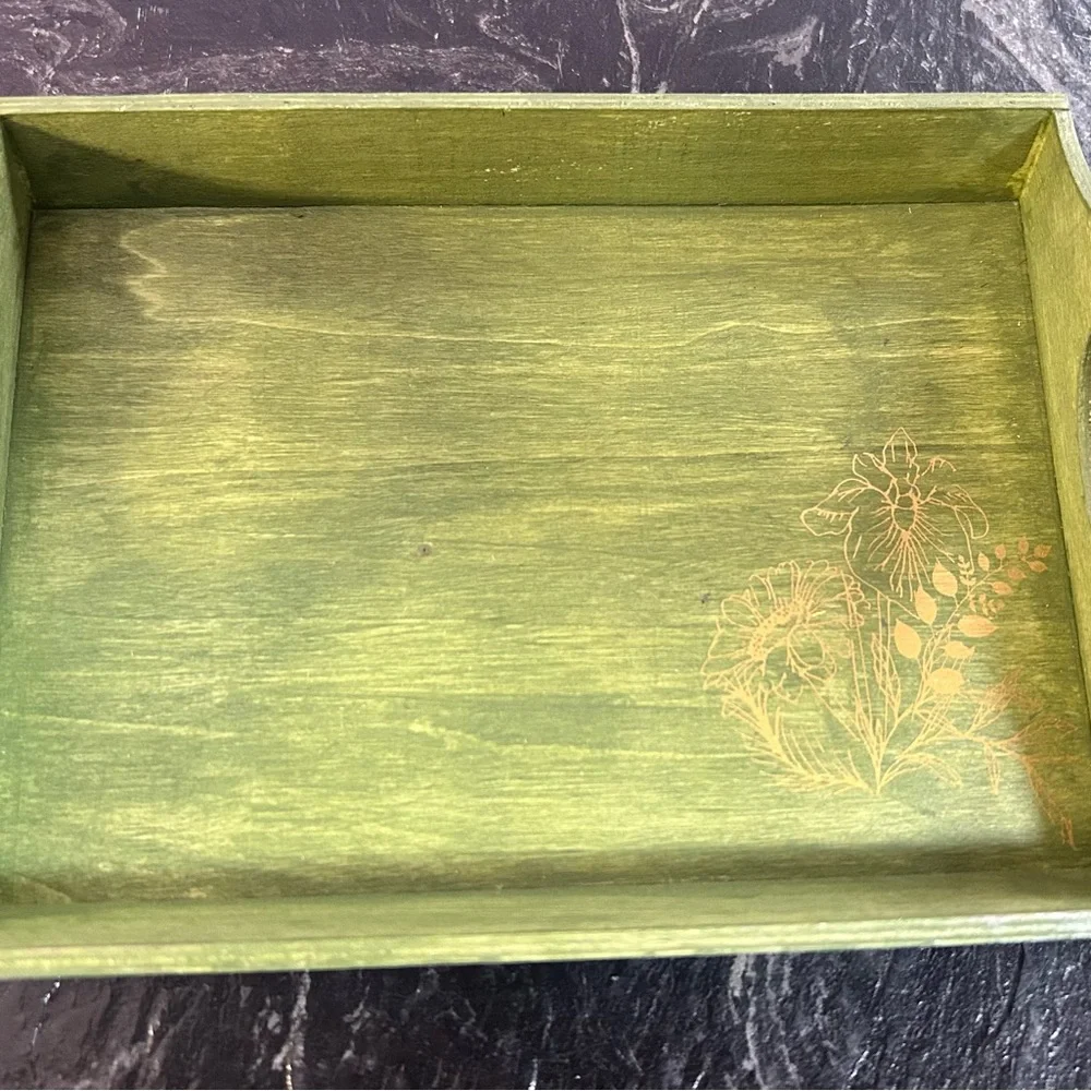 Green Decorative Wooden Tray with Floral Accen.